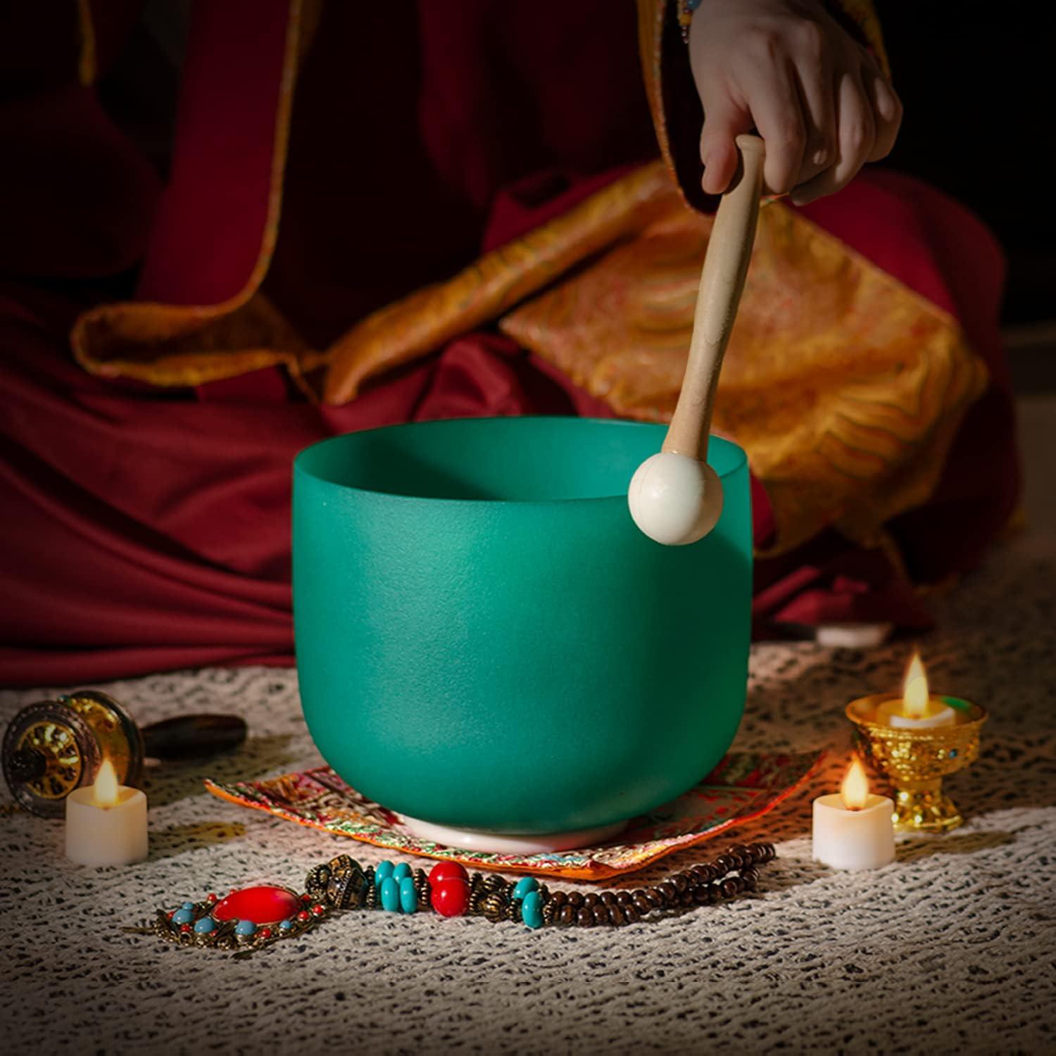 SITSANG Green F Note Heart Chakra Crystal Singing Bowl 8 inch with Sponge Padded Bundle Bag and Singing Bowl Rubber Mallet and Suede Striker