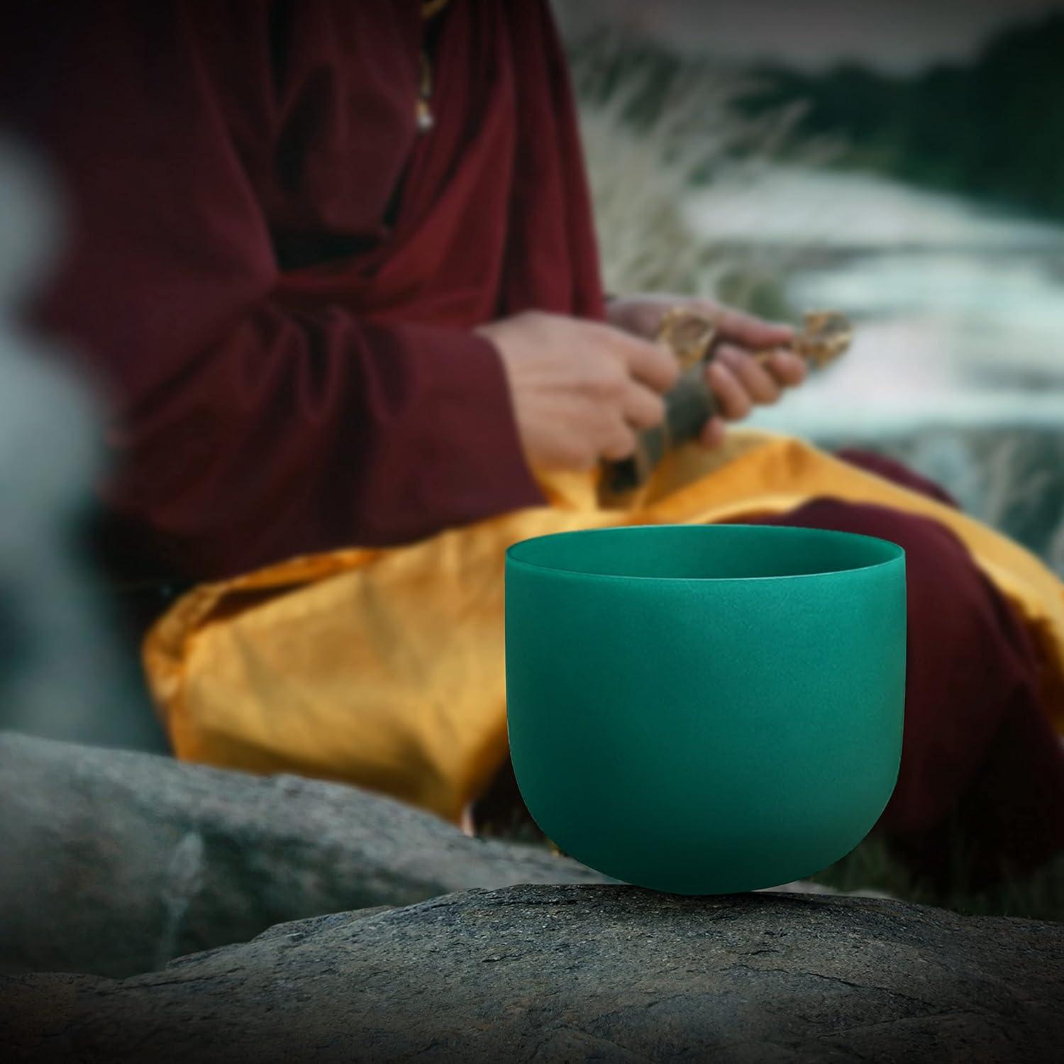 SITSANG Green F Note Heart Chakra Crystal Singing Bowl 8 inch with Sponge Padded Bundle Bag and Singing Bowl Rubber Mallet and Suede Striker