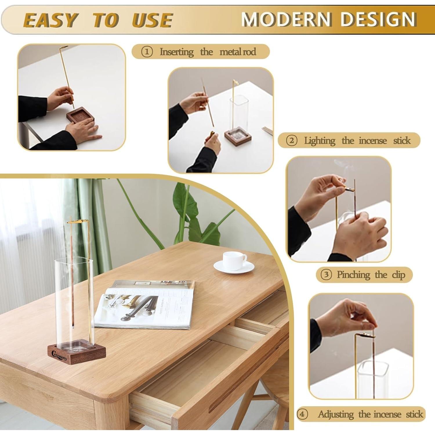 Soporte de Incienso CEREMONY de Madera con Recogedor de Vidrio