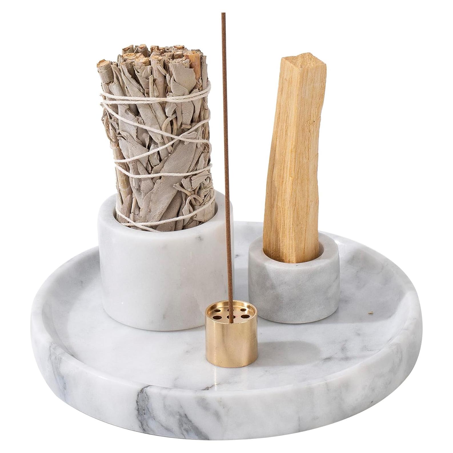 Soporte de Incienso de Mármol Natural Fasolahome 4 en 1 Blanco