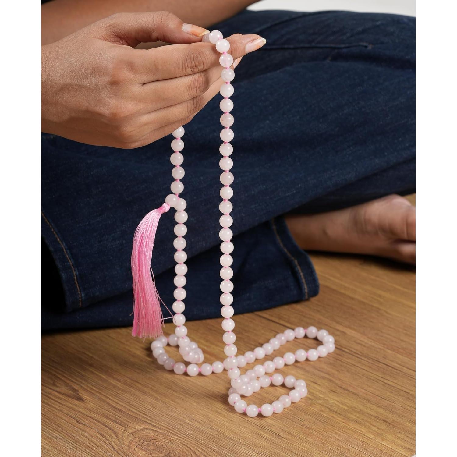 Collar Mala 108 Cuentas Cuarzo Rosa 8mm Hecho a Mano