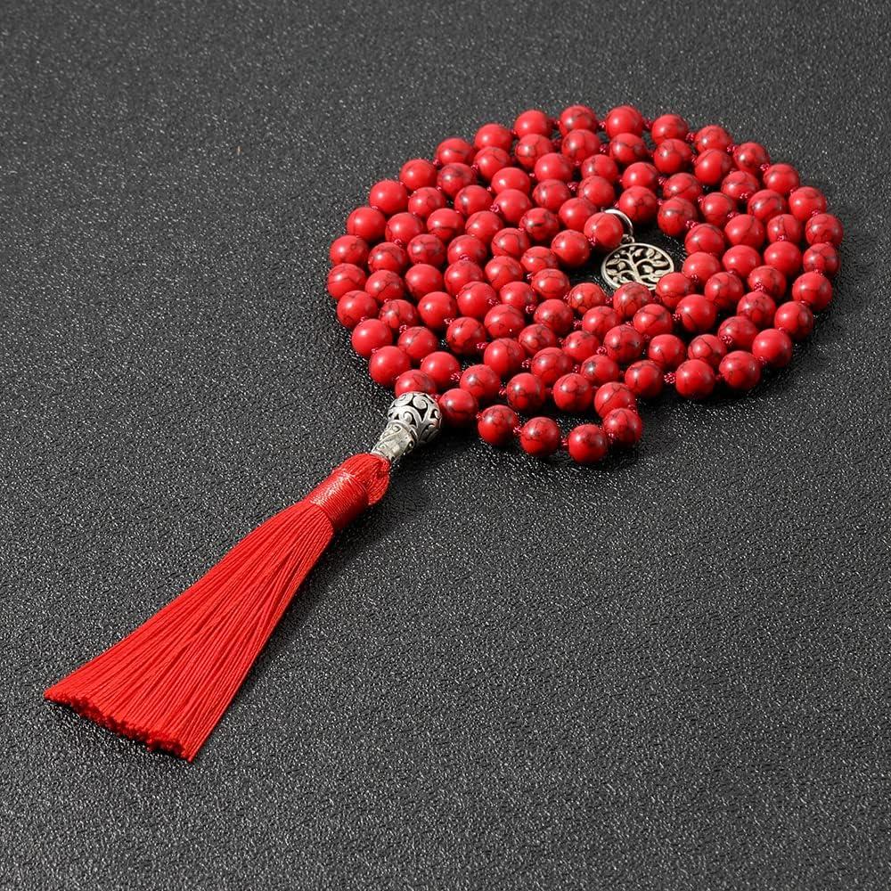 Collar Mala de 108 cuentas de Howlite roja 110cm Joyería Meditación
