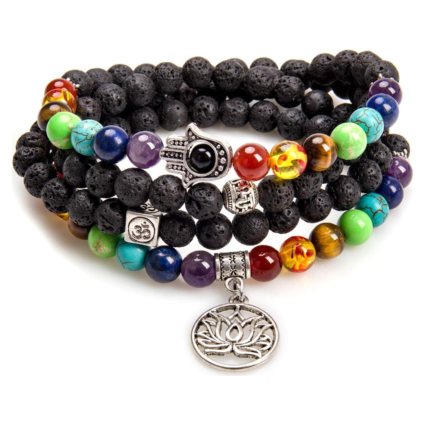 Collar Mala 108 Cuentas de Lava Natural 7 Chakras Árbol de la Vida