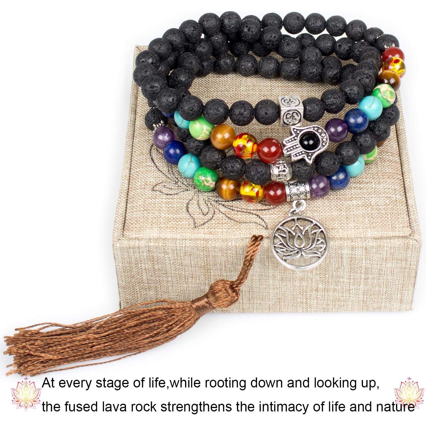 Collar Mala 108 Cuentas de Lava Natural 7 Chakras Árbol de la Vida