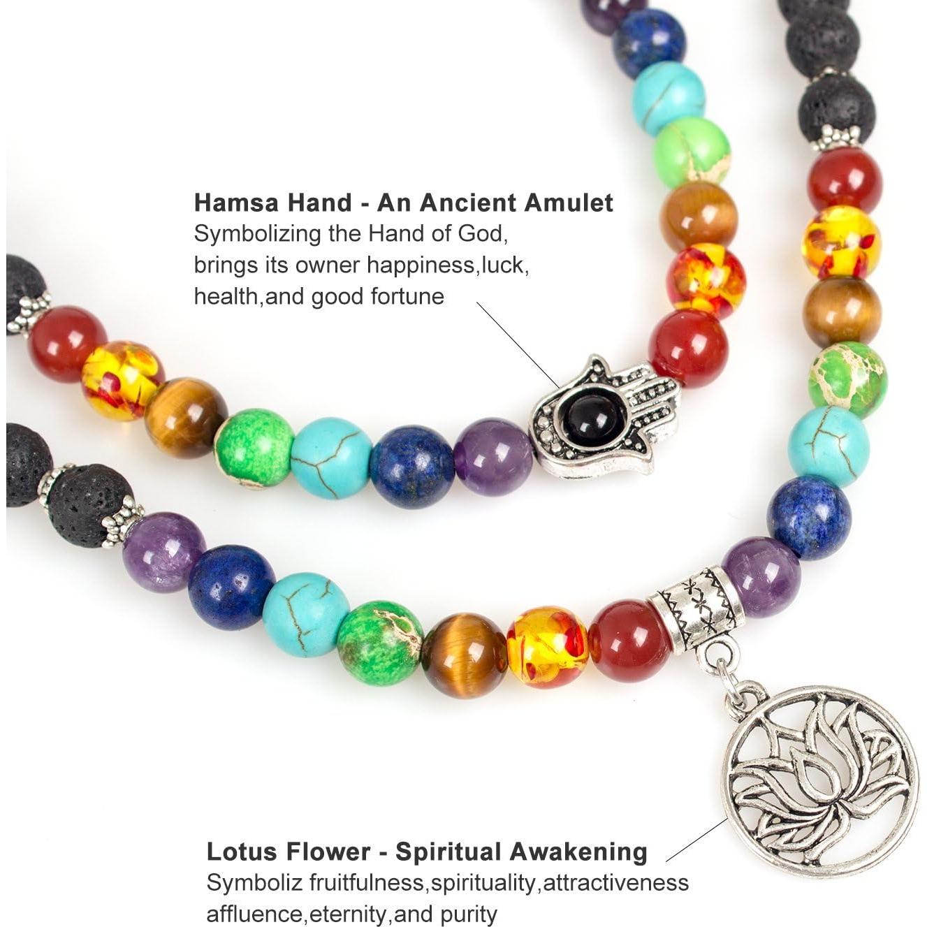 Collar Mala 108 Cuentas de Lava Natural 7 Chakras Árbol de la Vida