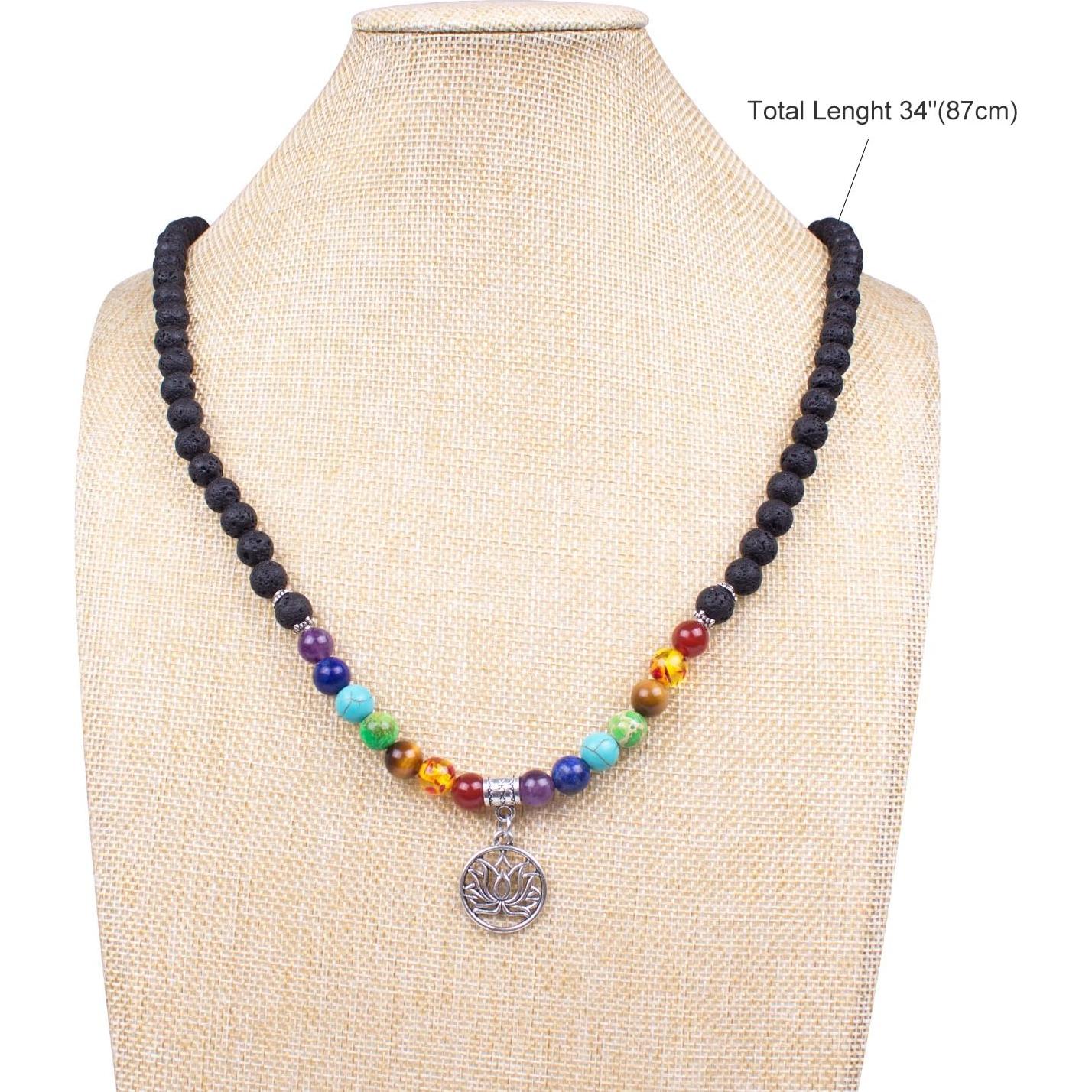 Collar Mala 108 Cuentas de Lava Natural 7 Chakras Árbol de la Vida