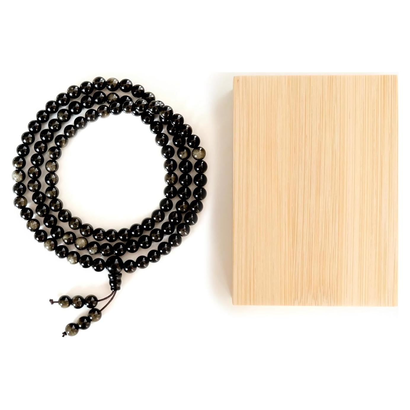 Collar Mala de Obsidiana Negra con Brillo Dorado 108 Cuentas 6mm