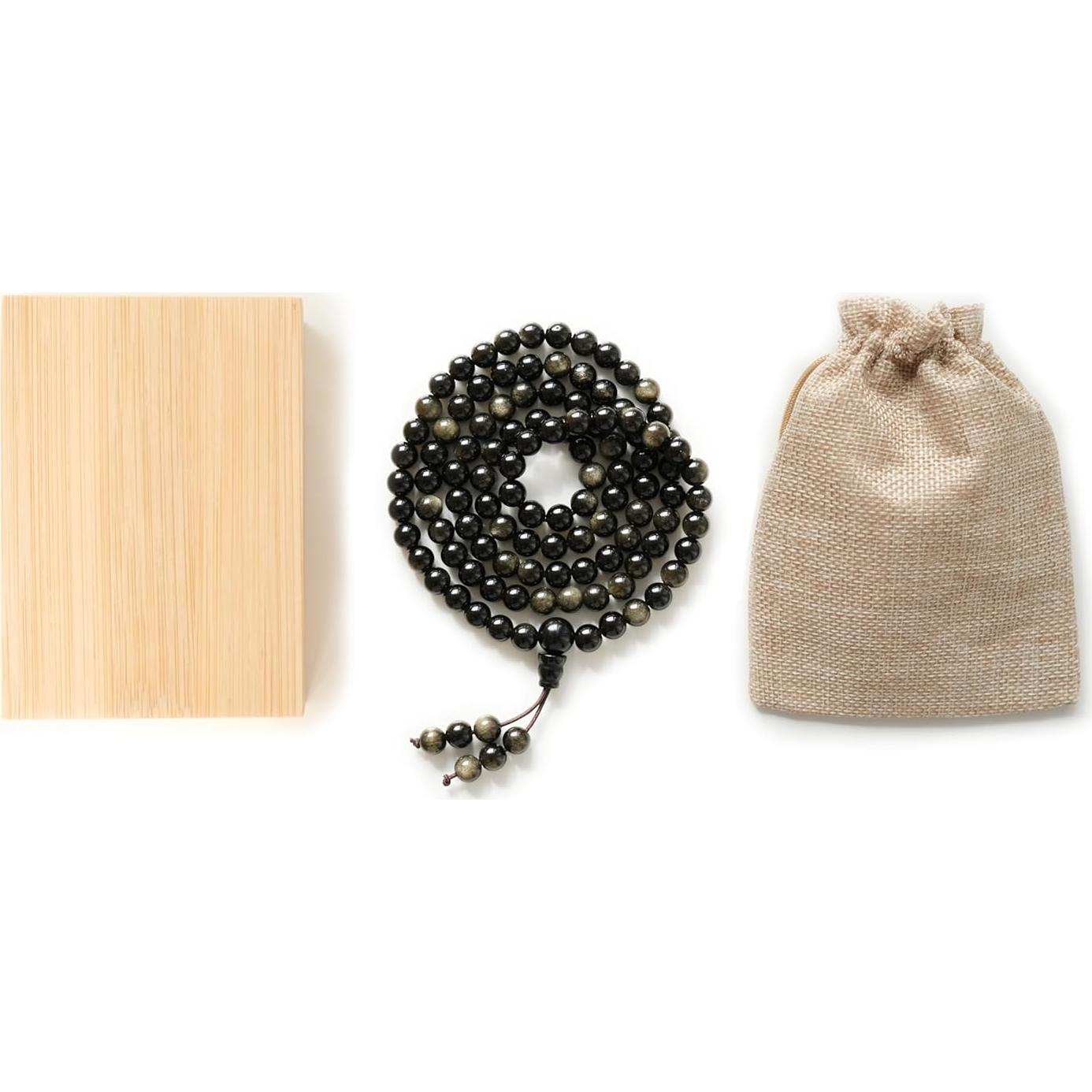 Collar Mala de Obsidiana Negra con Brillo Dorado 108 Cuentas 6mm