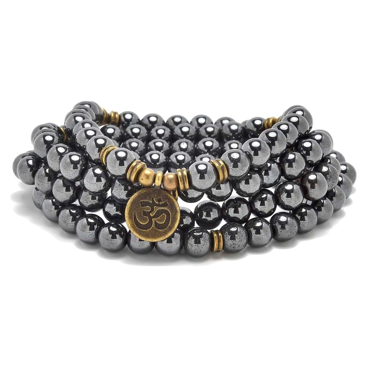 Mala de Yoga 108 Cuentas Hematita 8mm con Encanto Om