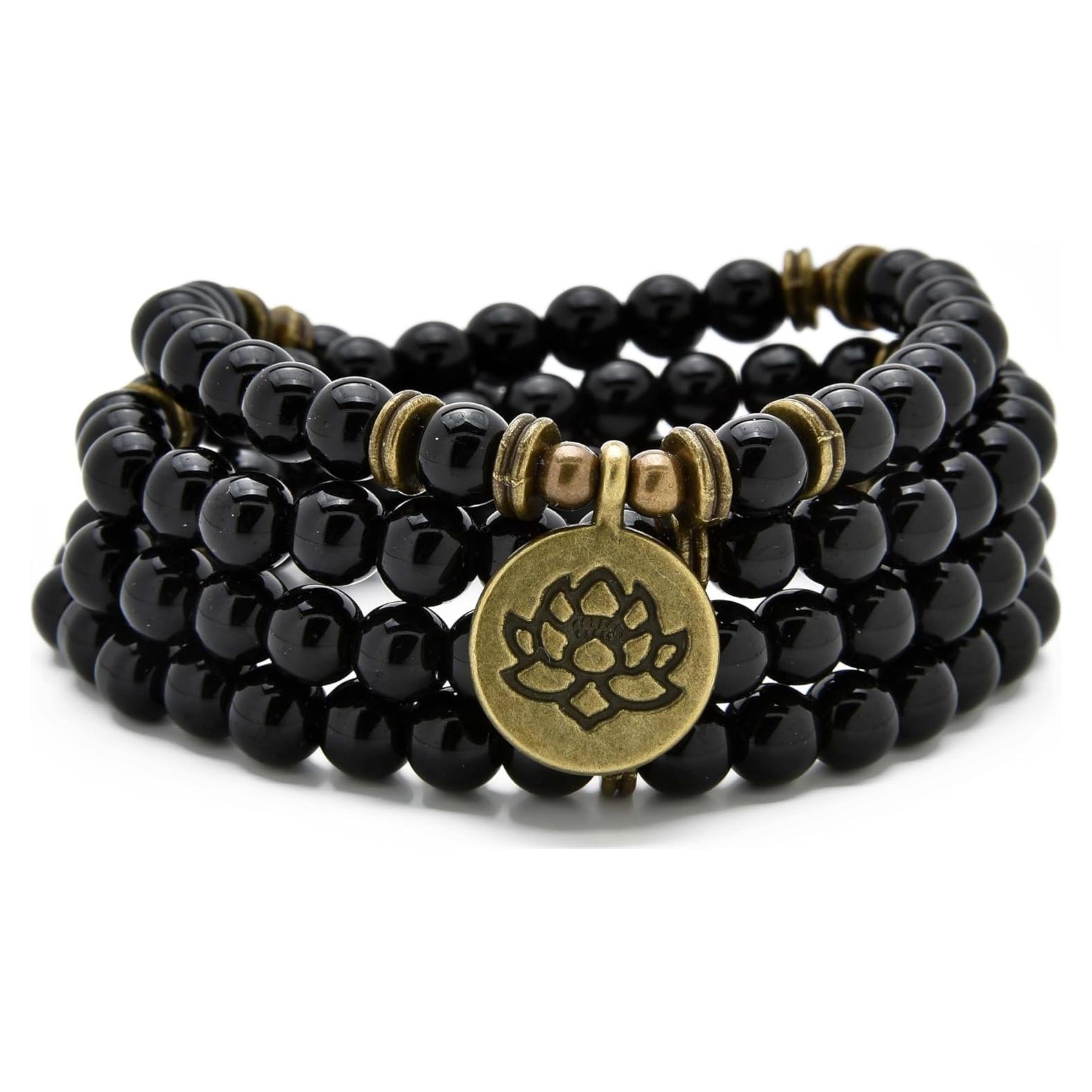 Pulsera Collar Mala Sanadora 108 Cuentas Ágata Negra Loto Dorado