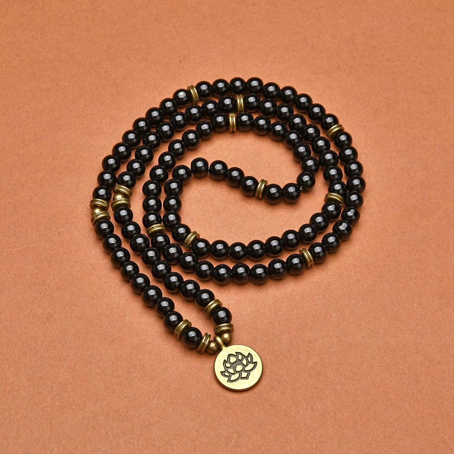 Pulsera Collar Mala Sanadora 108 Cuentas Ágata Negra Loto Dorado