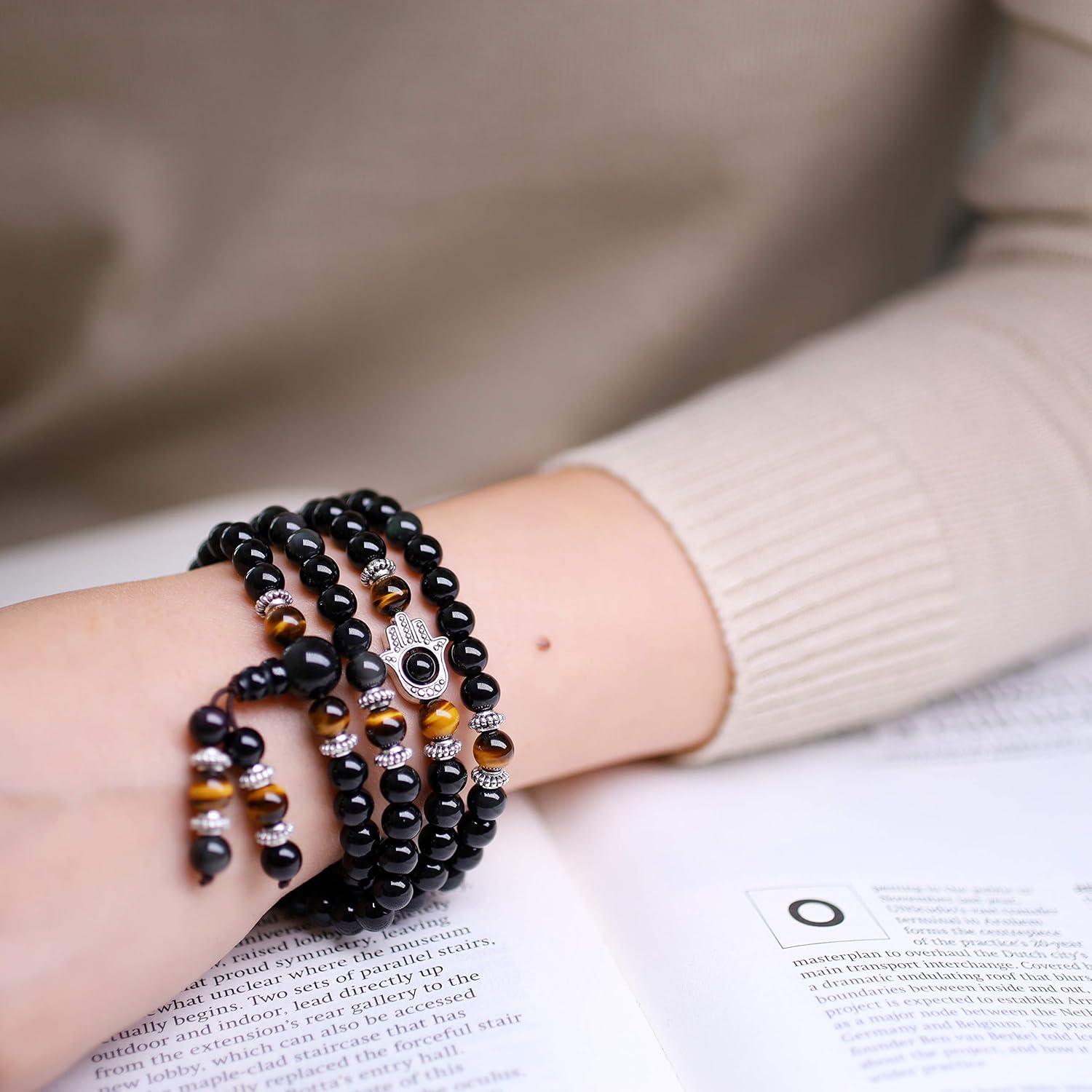 Collar Pulsera Mala COAI 108 Cuentas Obsidiana y Hamsa
