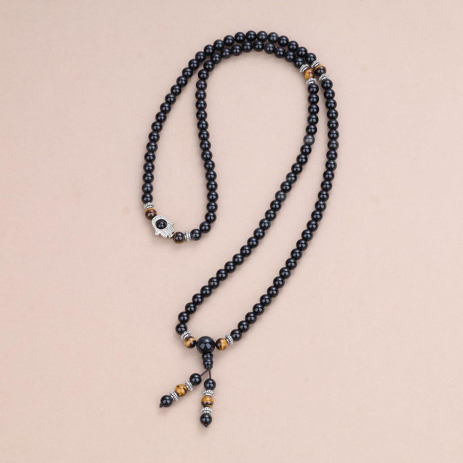 Collar Pulsera Mala COAI 108 Cuentas Obsidiana y Hamsa