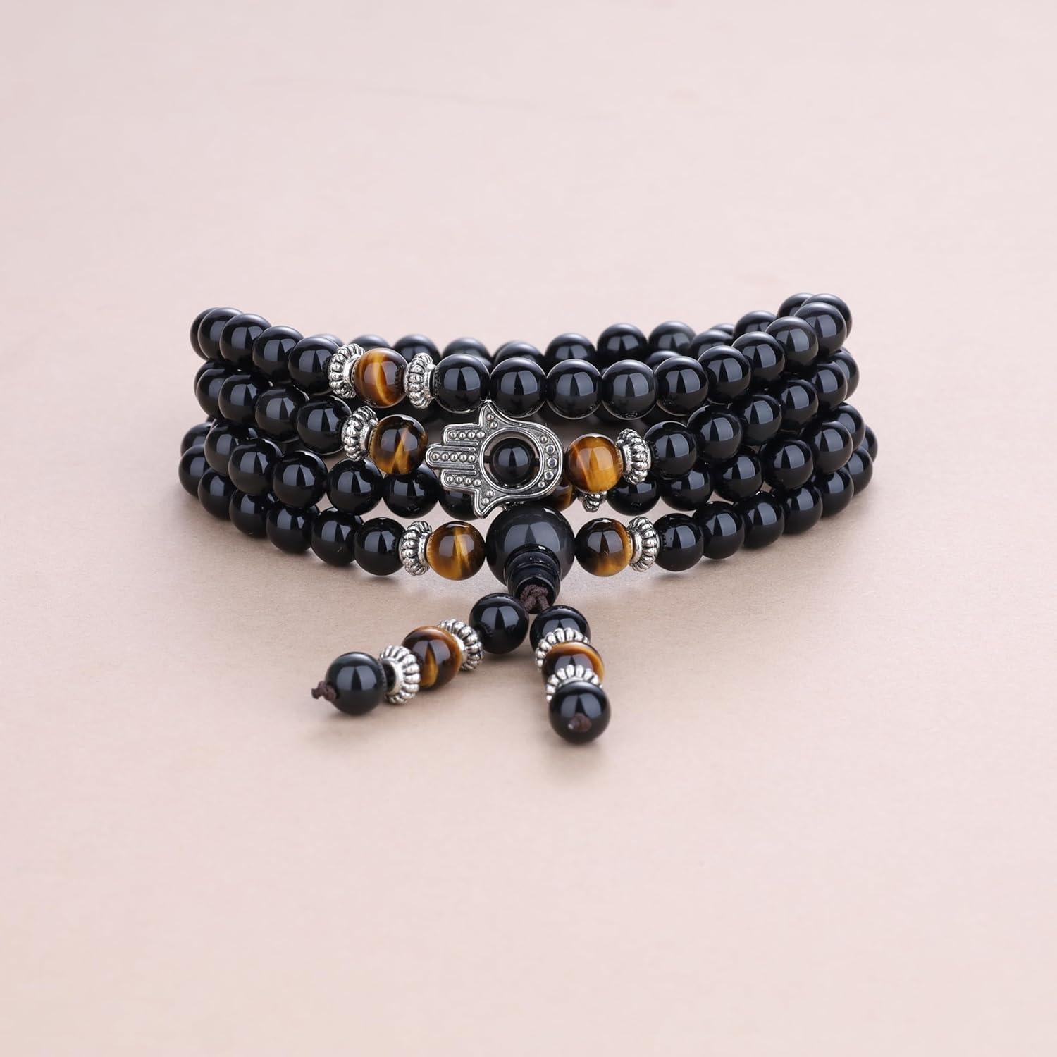 Collar Pulsera Mala COAI 108 Cuentas Obsidiana y Hamsa
