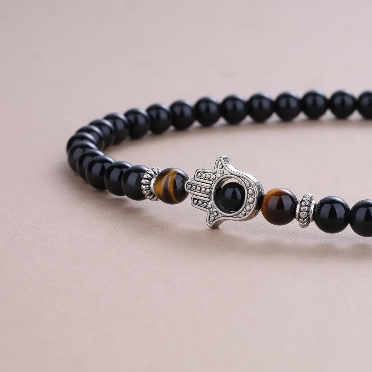 Collar Pulsera Mala COAI 108 Cuentas Obsidiana y Hamsa