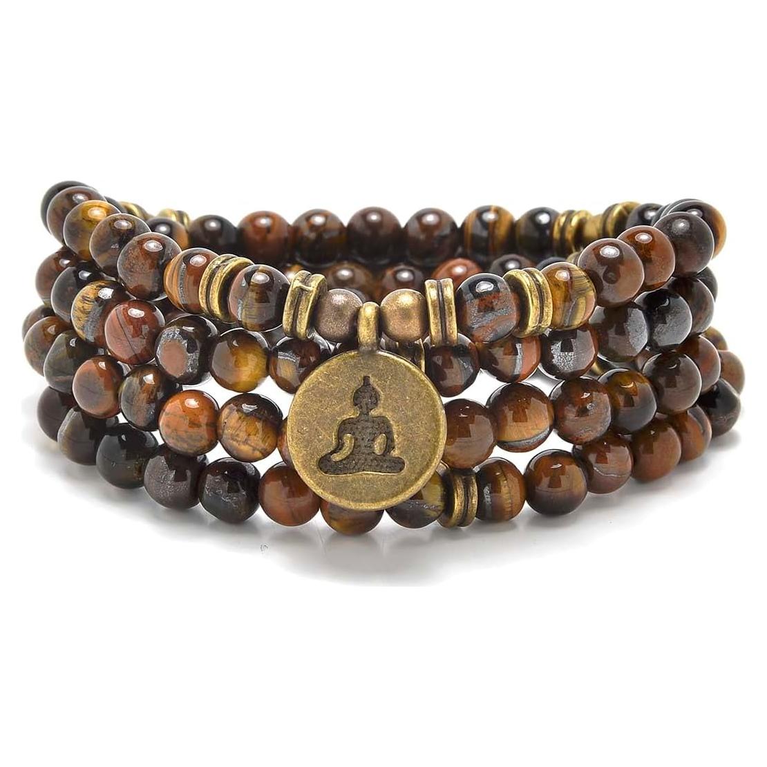 Pulsera Collar Mala 108 Cuentas Ojo de Tigre para Meditación