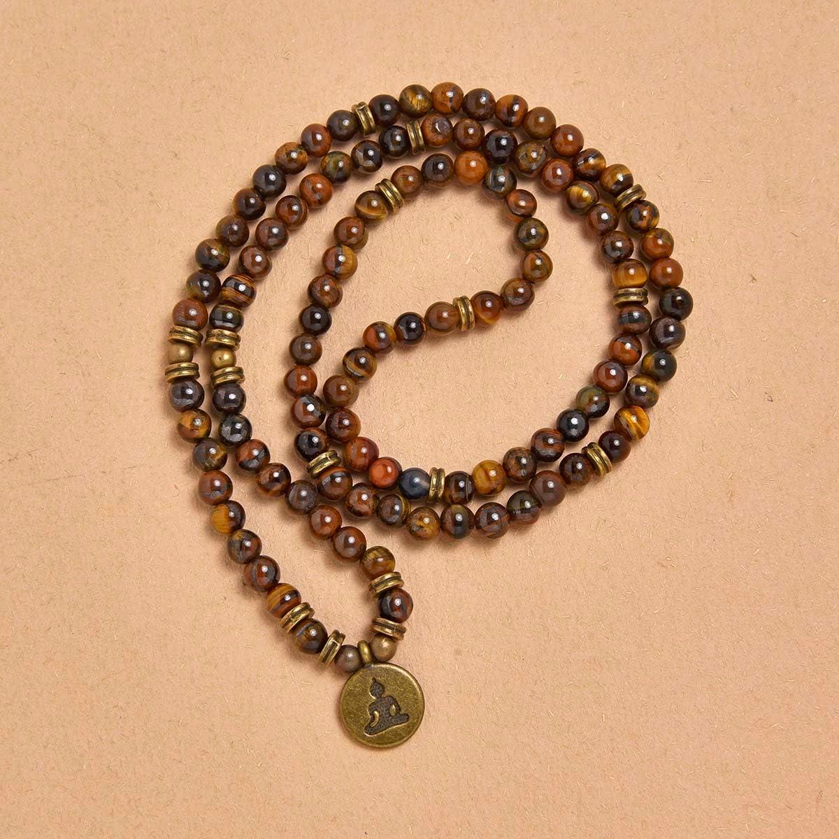 Pulsera Collar Mala 108 Cuentas Ojo de Tigre para Meditación