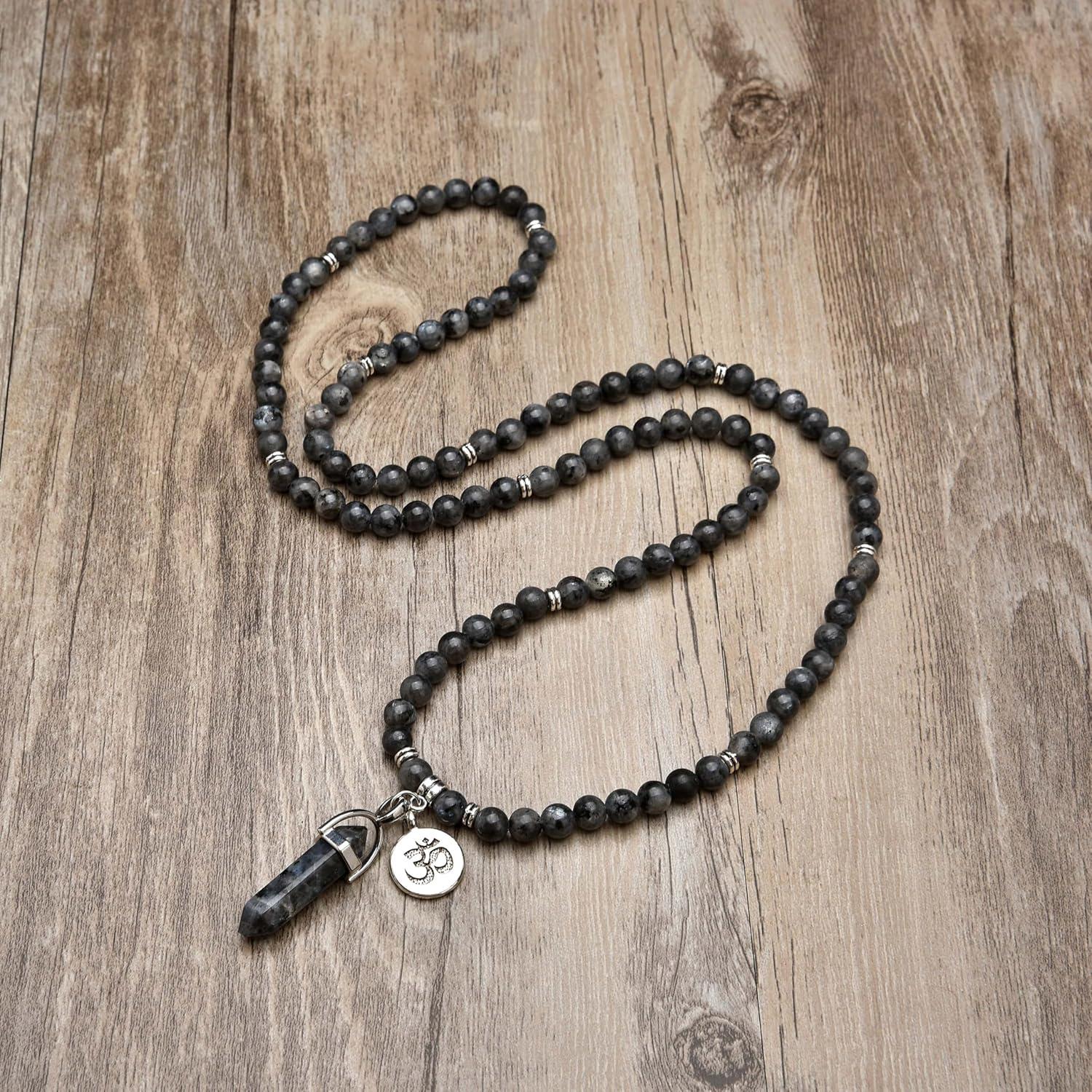 Mala de Meditación 108 Cuentas Labradorita Pulsera Collar 38 cm