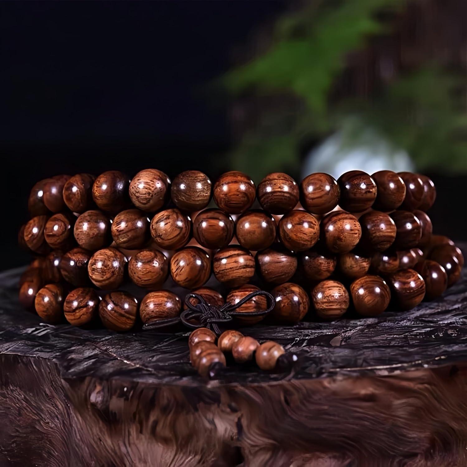 Collar Pulsera Mala de Madera de Rosa Amarilla 108 Cuentas 8mm