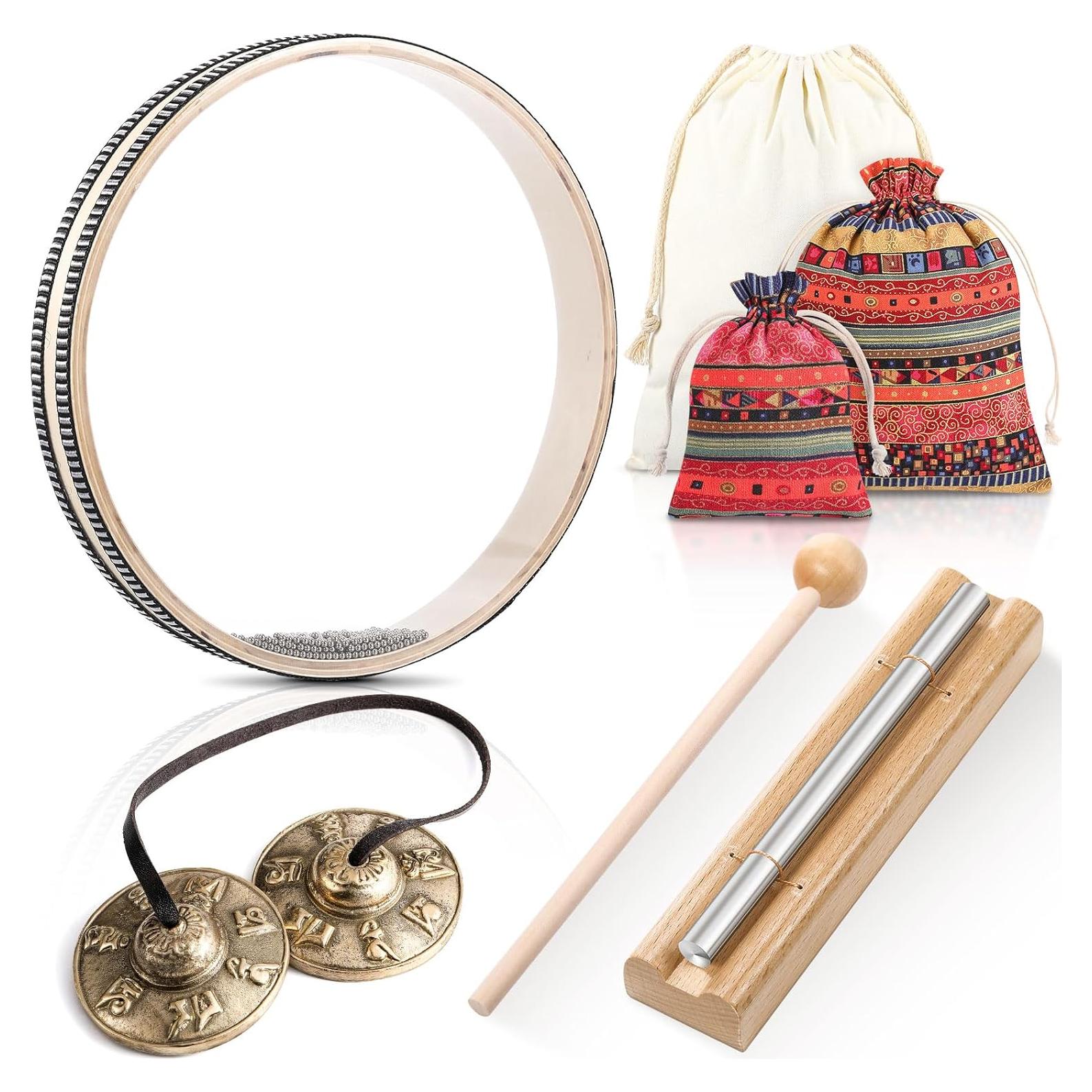 Conjunto de Instrumentos de Meditación 3 Piezas - Tingsha, Campana y Tambor