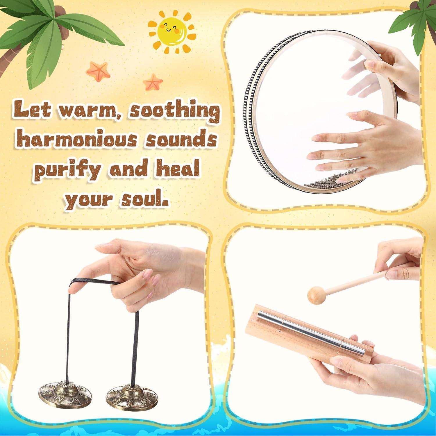 Conjunto de Instrumentos de Meditación 3 Piezas - Tingsha, Campana y Tambor