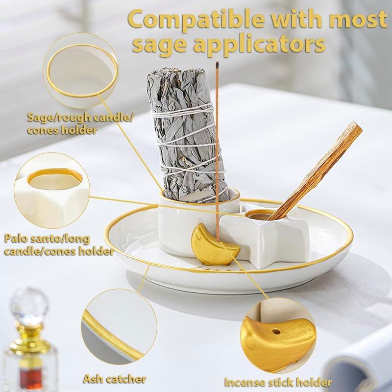 Soporte de Incienso 4 en 1 Metackle Cerámica Blanco y Dorado