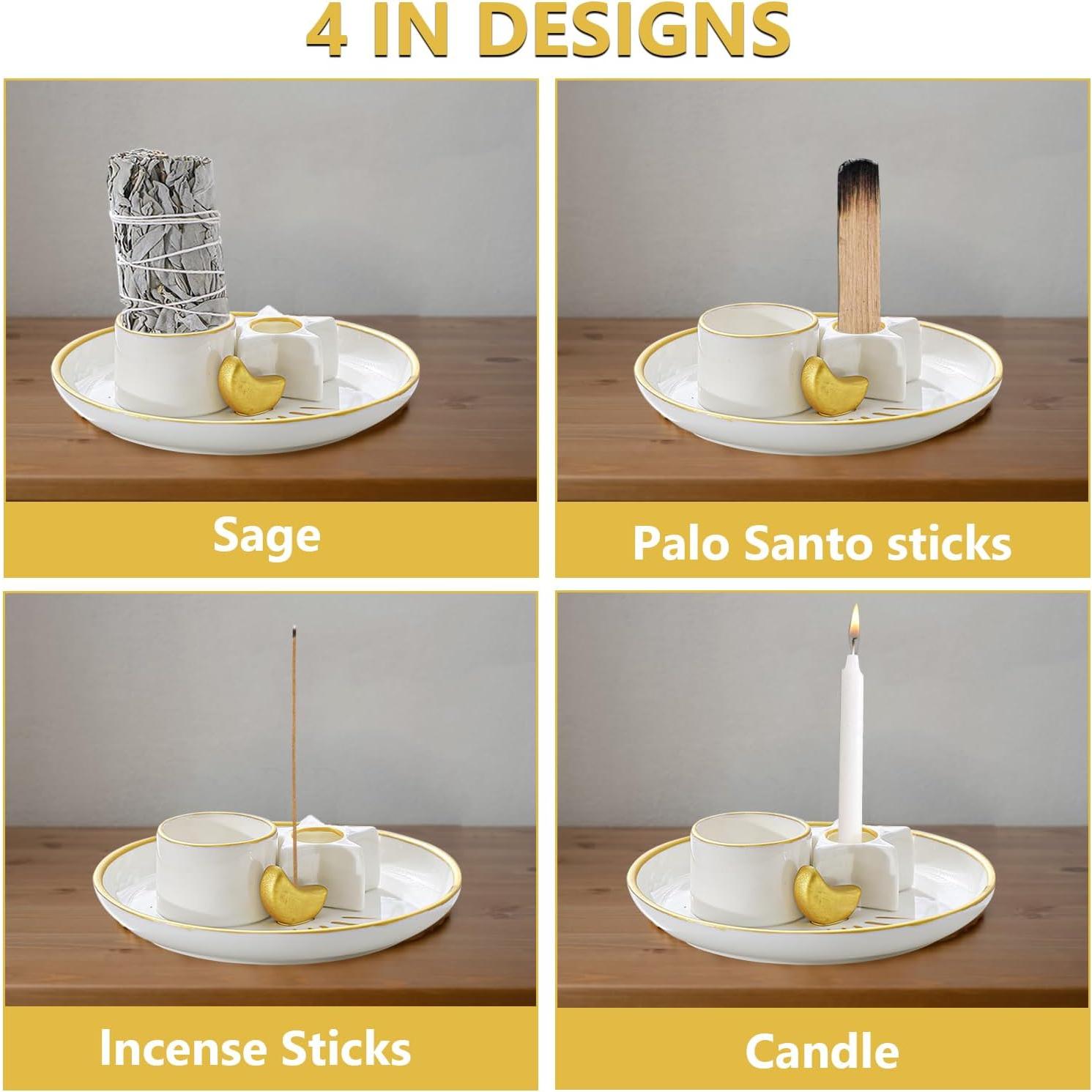 Soporte de Incienso 4 en 1 Metackle Cerámica Blanco y Dorado