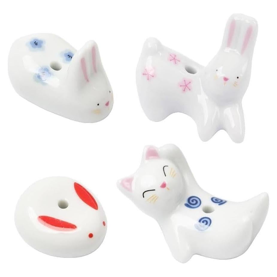 Soporte de Incienso Cerámica Conejo y Gato 4 Piezas Decorativo