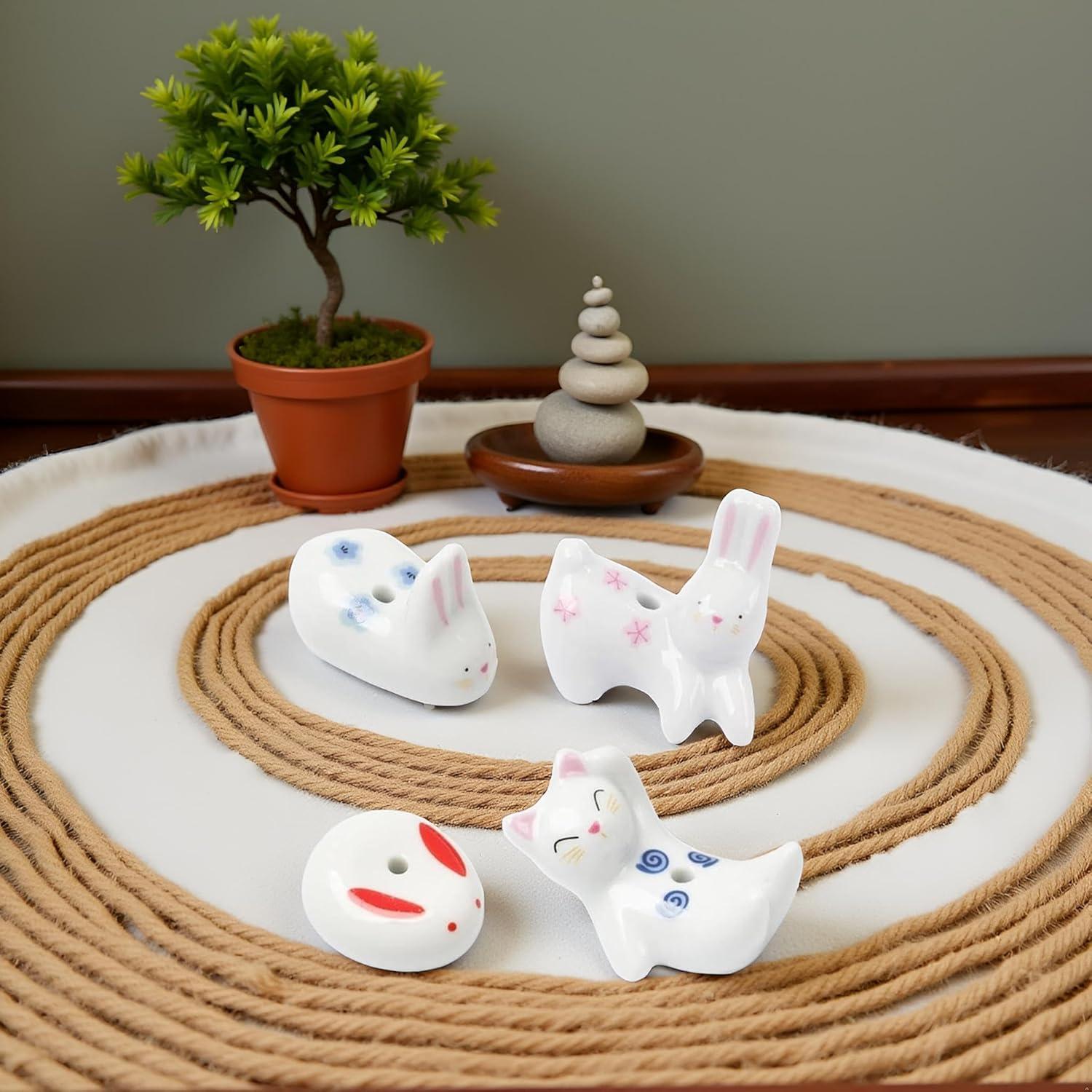 Soporte de Incienso Cerámica Conejo y Gato 4 Piezas Decorativo