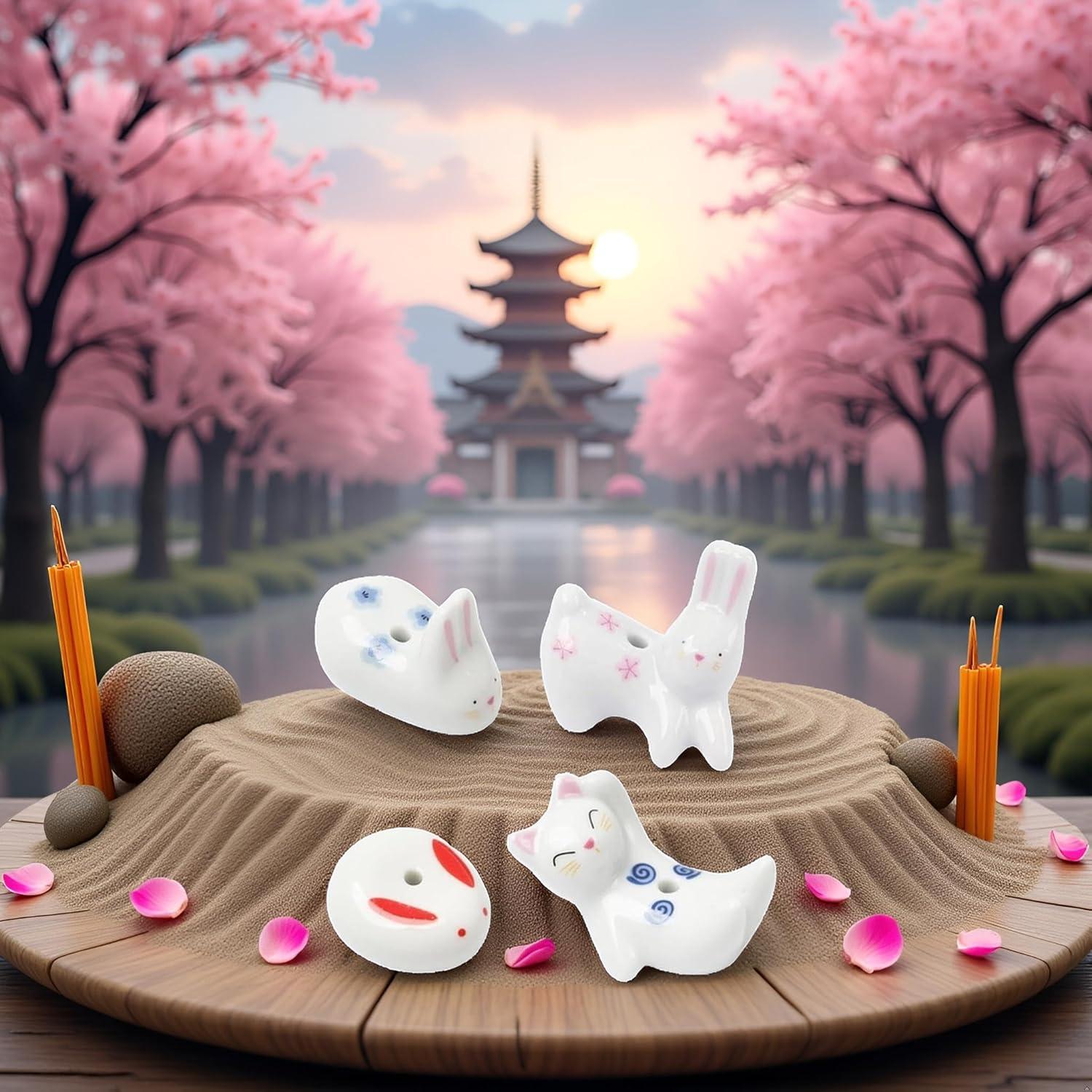 Soporte de Incienso Cerámica Conejo y Gato 4 Piezas Decorativo