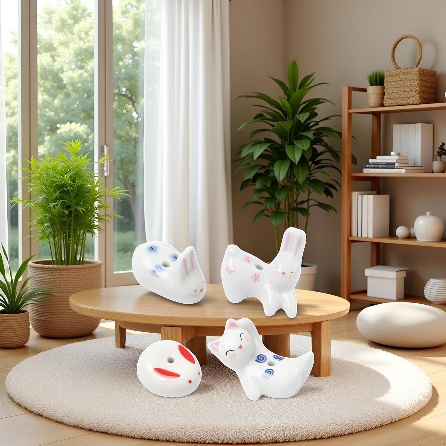 Soporte de Incienso Cerámica Conejo y Gato 4 Piezas Decorativo