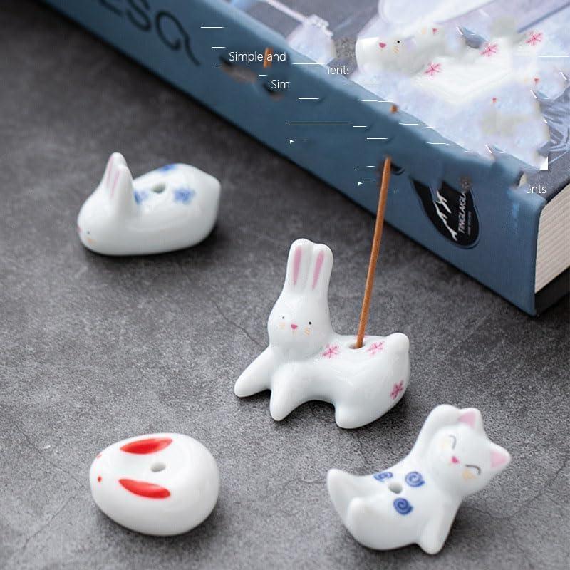 Soporte de Incienso Cerámica Conejo y Gato 4 Piezas Decorativo