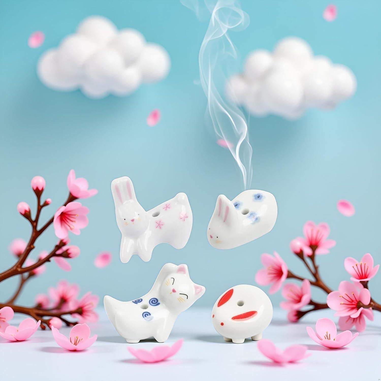 Soporte de Incienso Cerámica Conejo y Gato Enyolidimk - 4 Pcs