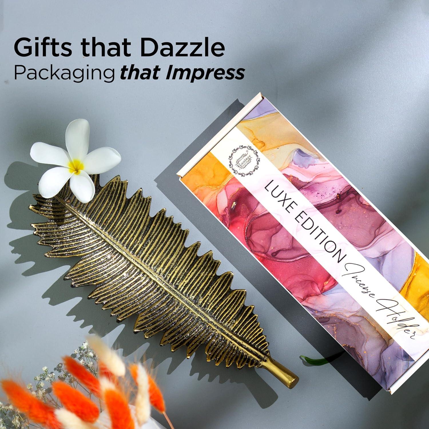 Soporte de Incienso Raajsee Hoja Dorada + Varitas Nag Champa 15g