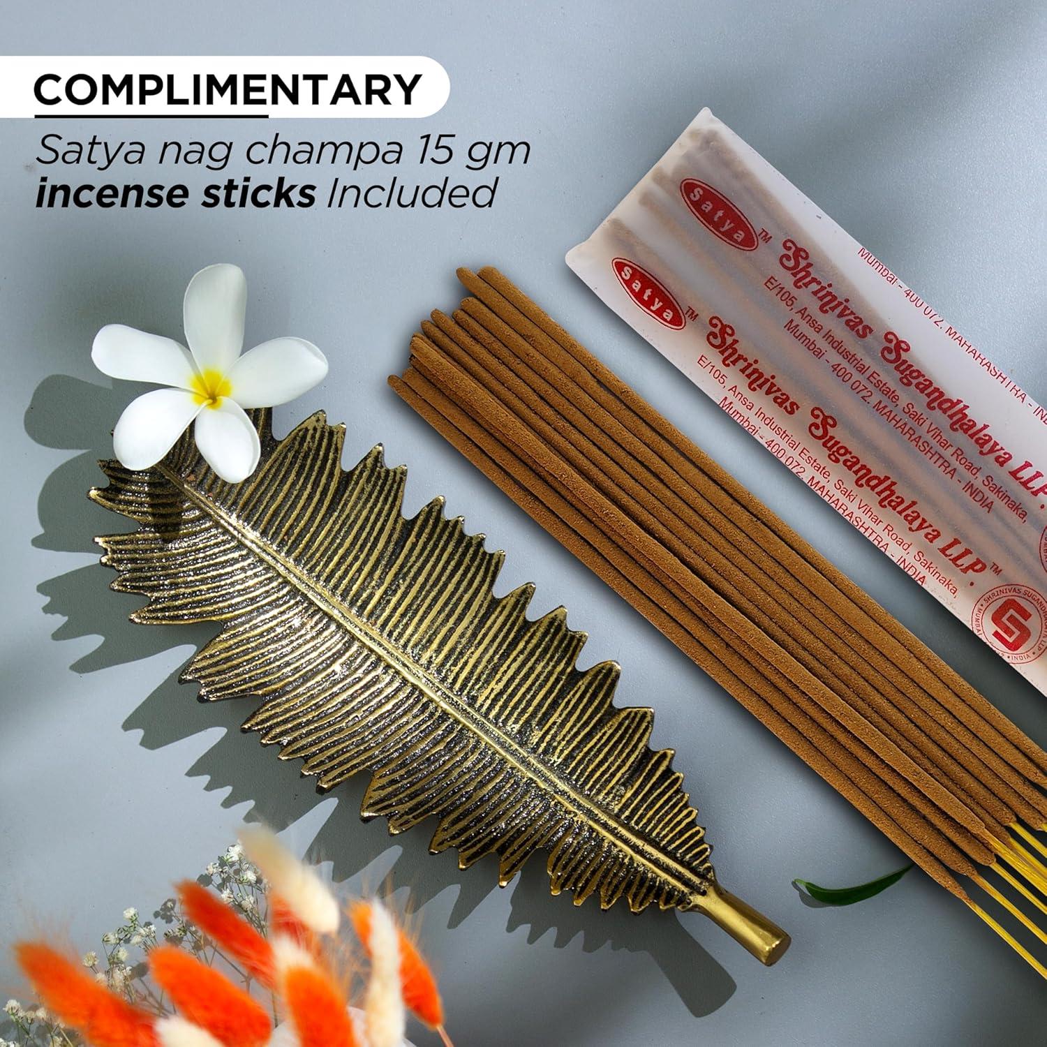 Soporte de Incienso Raajsee Hoja Dorada + Varitas Nag Champa 15g