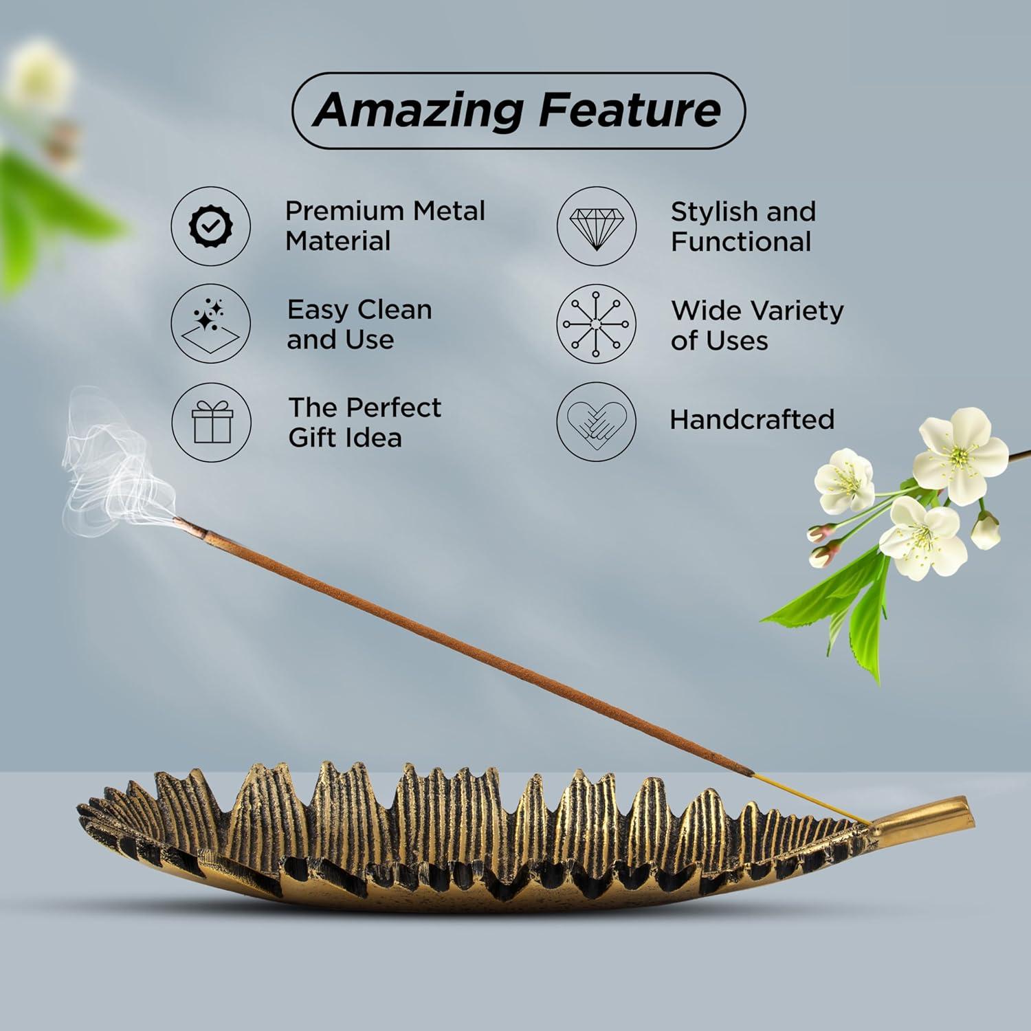 Soporte de Incienso Raajsee Hoja Dorada + Varitas Nag Champa 15g