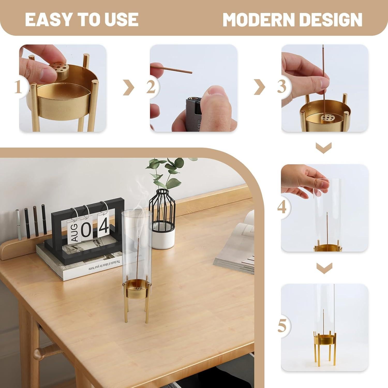 Soporte de Incienso de Vidrio EdenEcho Dorado con Recogedor