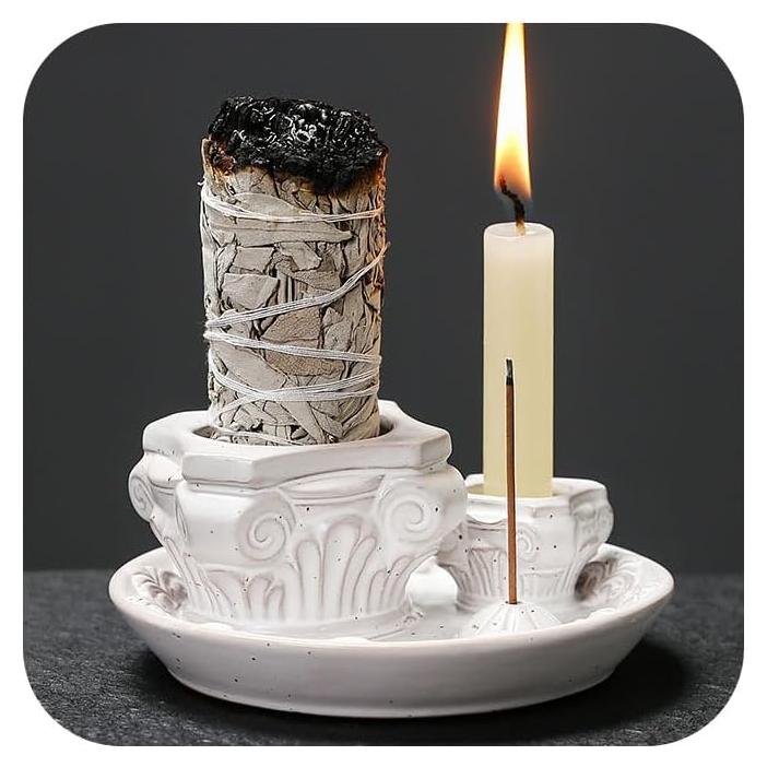 Soporte de Incienso 4-en-1 QSKISS Cerámica Blanca para Meditación