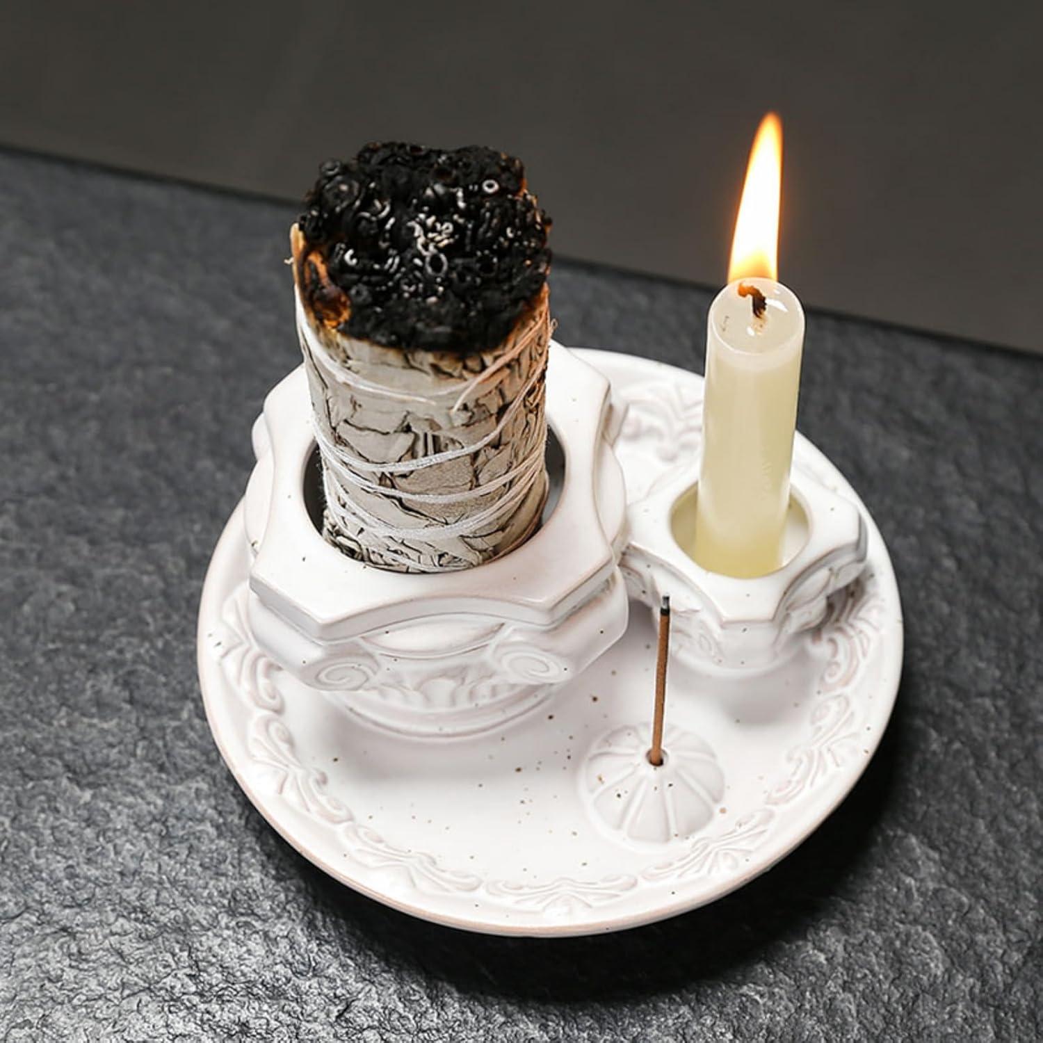 Soporte de Incienso 4-en-1 QSKISS Cerámica Blanca para Meditación