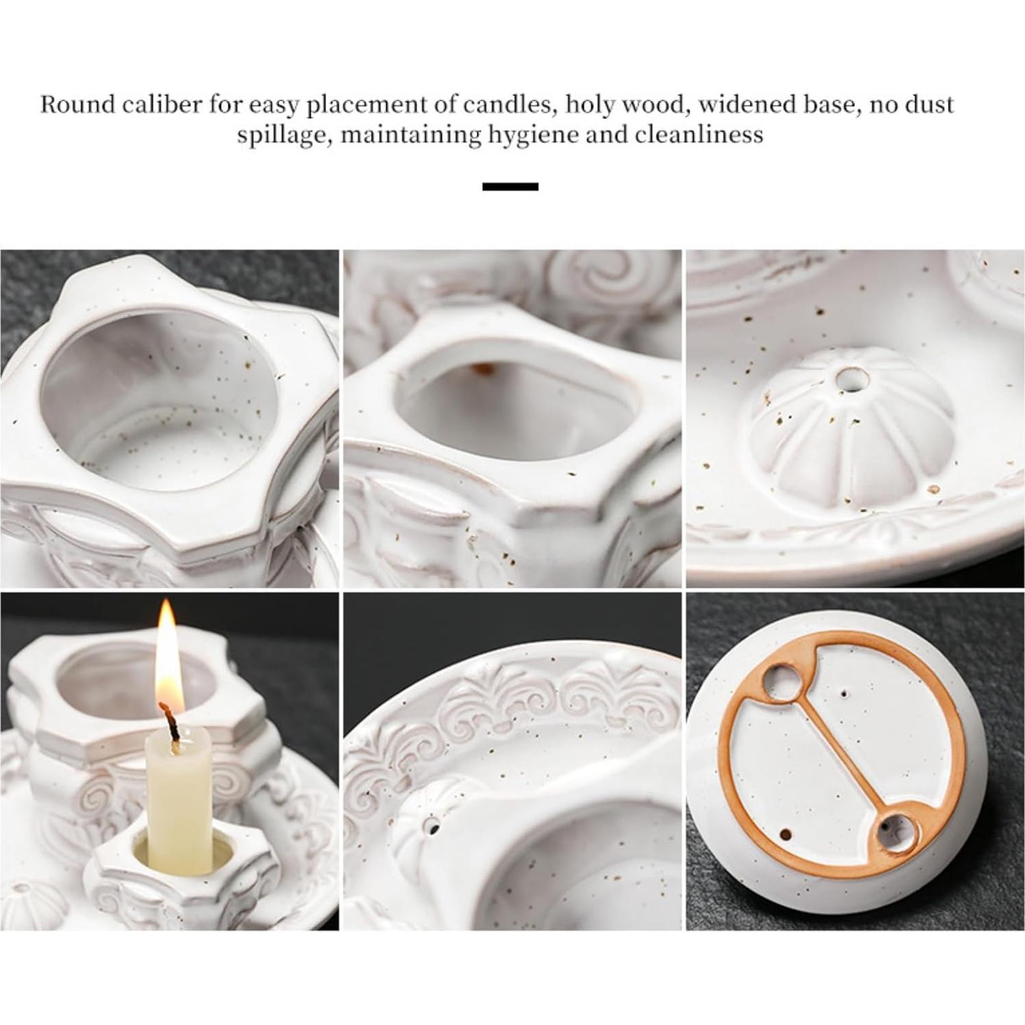 Soporte de Incienso 4-en-1 QSKISS Cerámica Blanca para Meditación