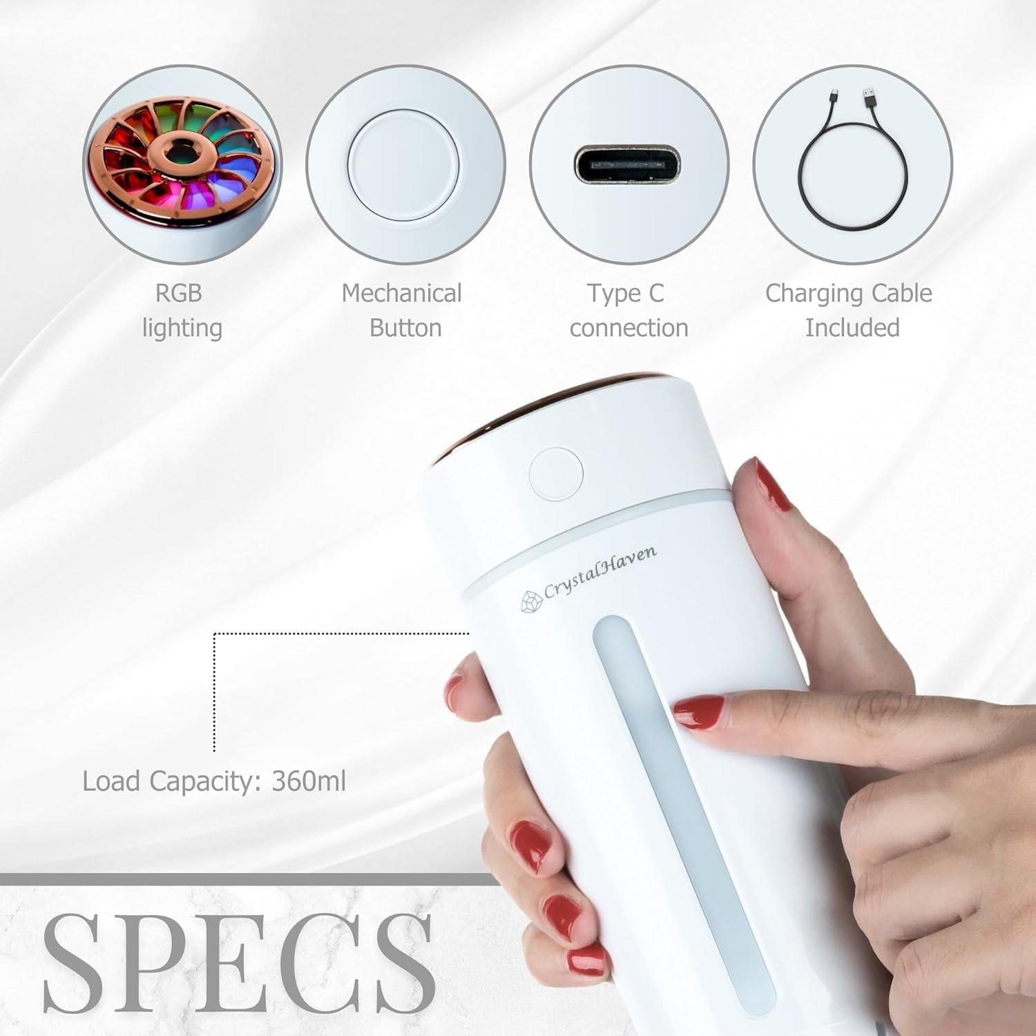 Difusor de Aceite Esencial CrystalHaven 360ml Portátil USB