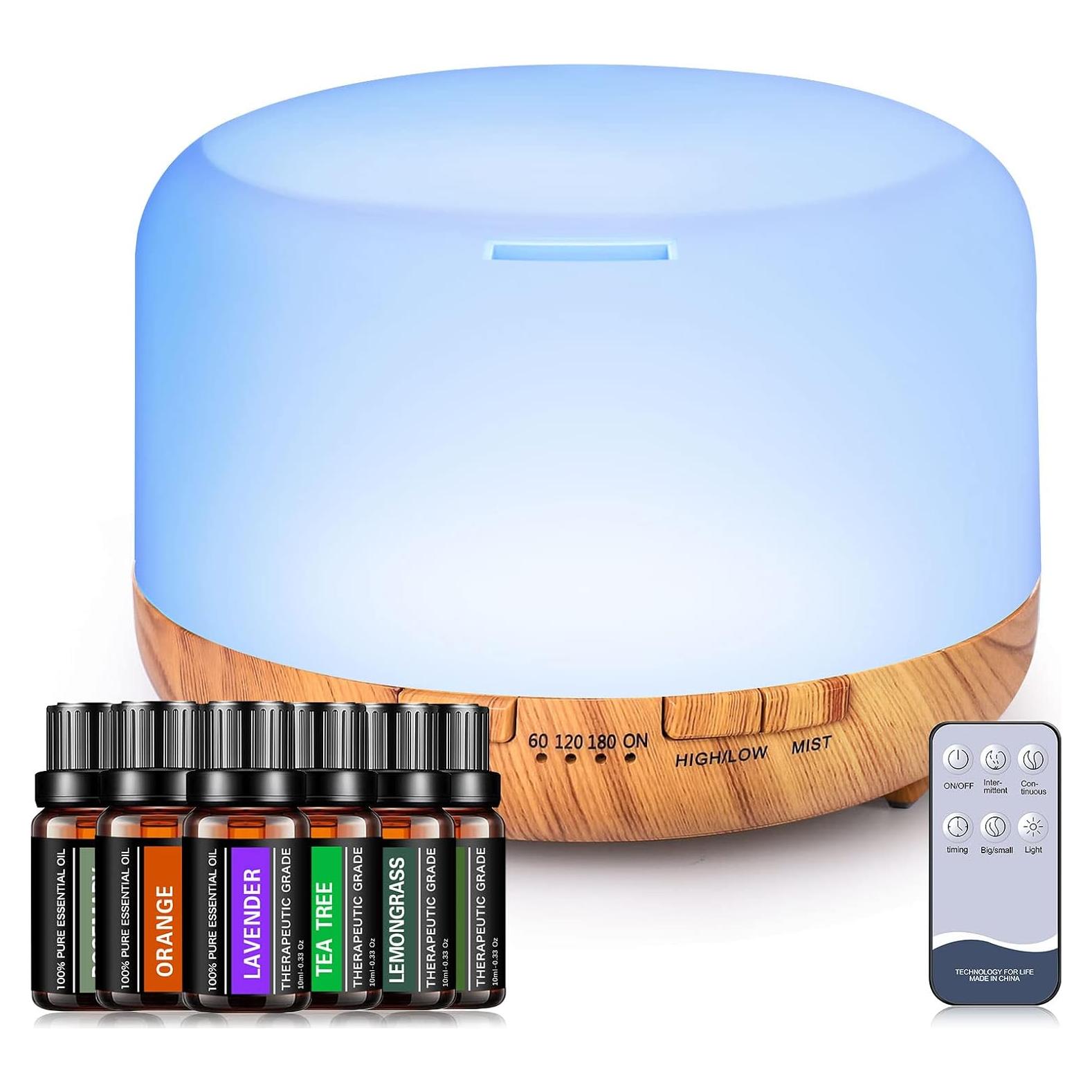 Difusor de Aceite YIKUBEE 500ml + 6 Aceites Esenciales Puro