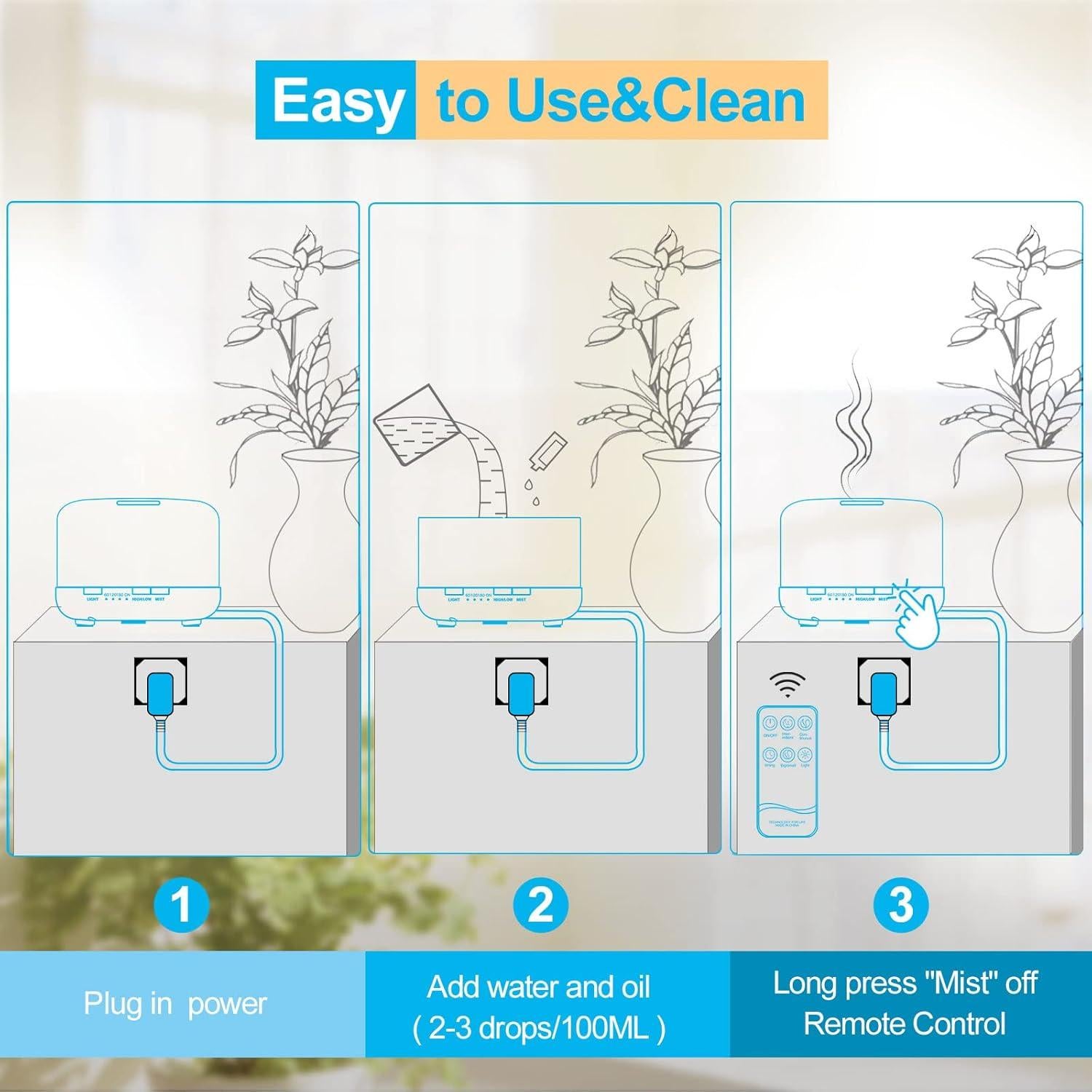 Difusor de Aceite YIKUBEE 500ml + 6 Aceites Esenciales Puro