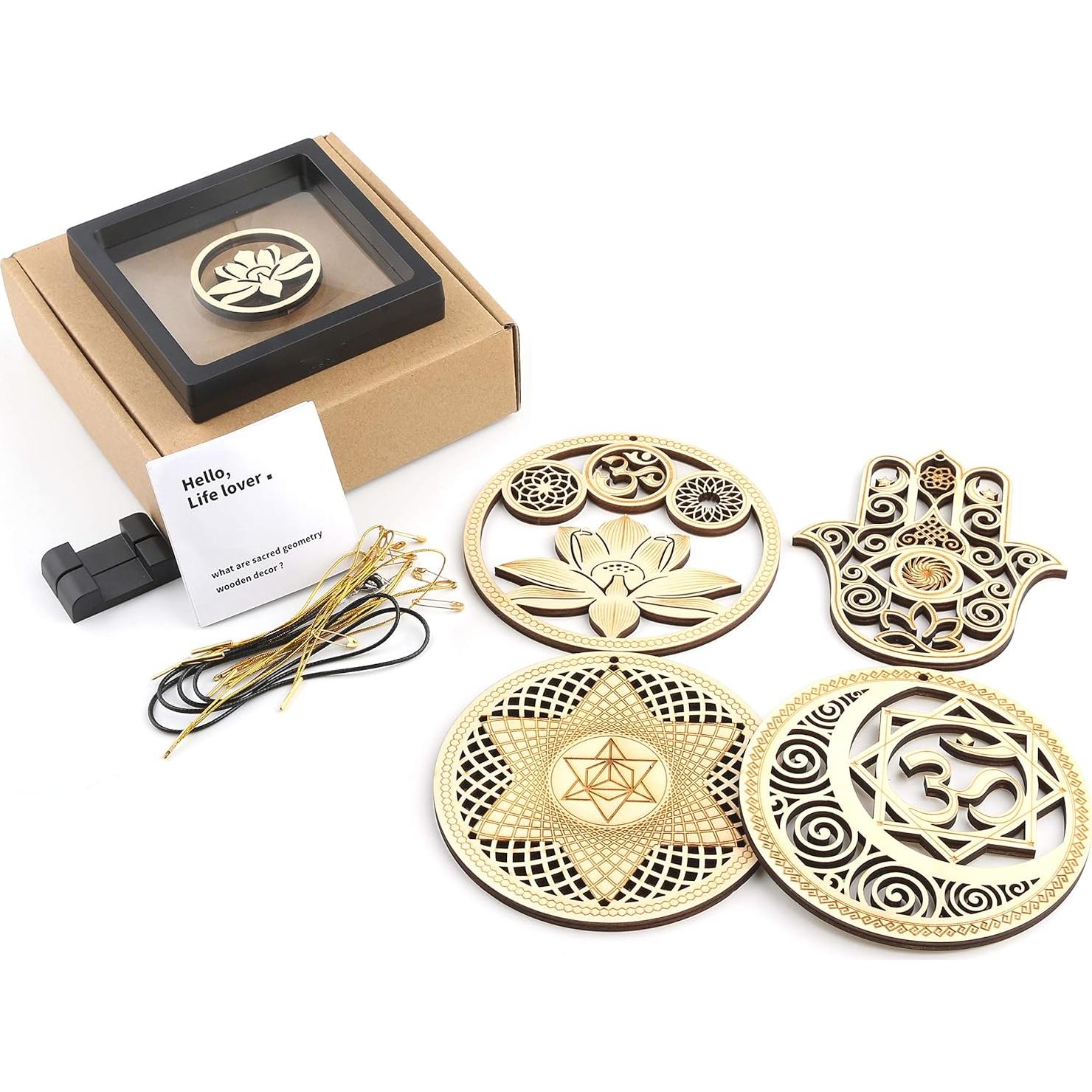Set de 4 Arte de Pared Geometría Sagrada Madera 13.5 cm