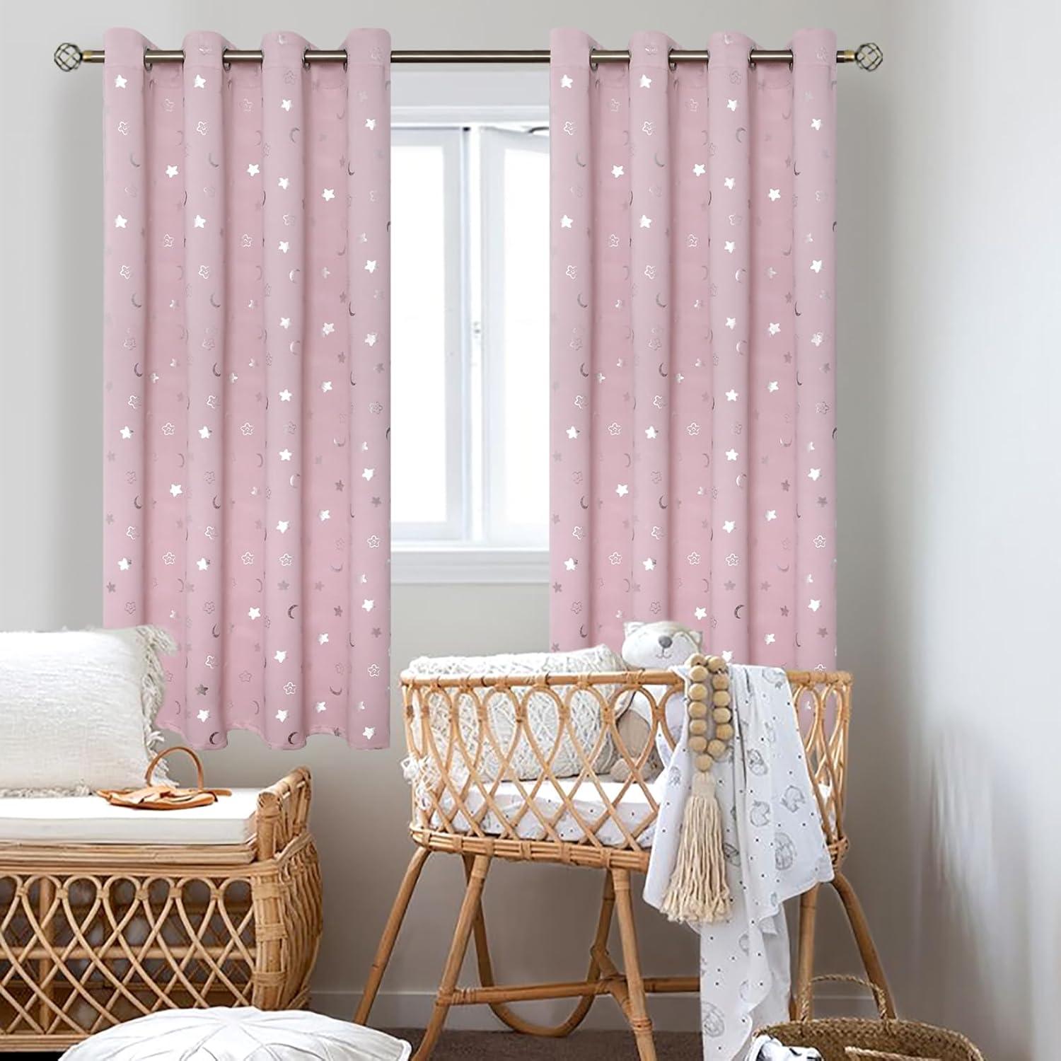 Cortinas Opacas BGment Rosadas 52x63 cm Estrellas y Luna