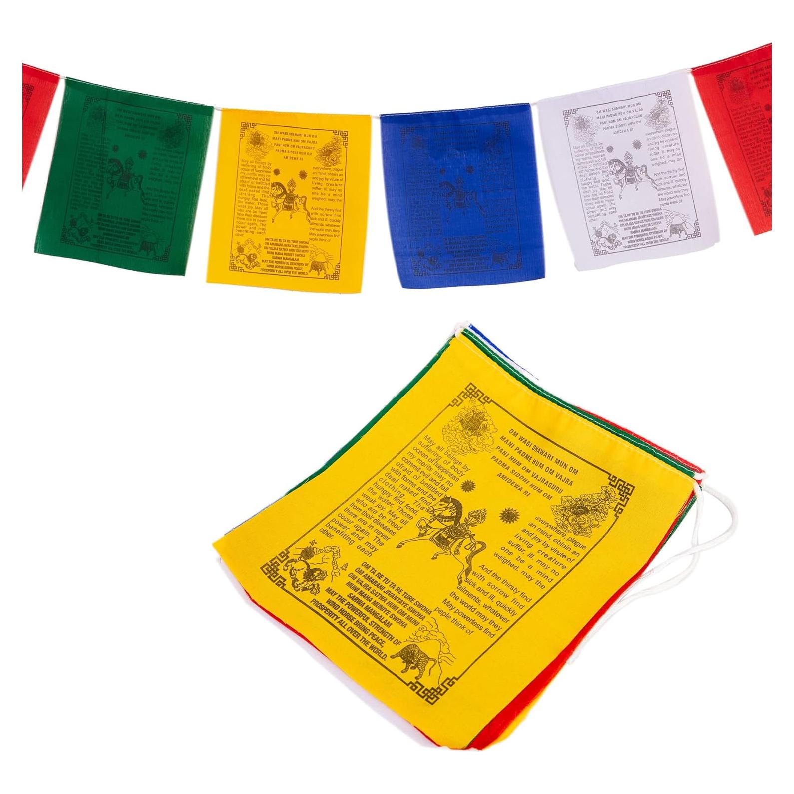 Tibetan Prayer Banners – Handprinted Wind Horse Flags Affirmation, Outdoor Décor, Made in Nepal (Set of 10 individual flag in a single roll)