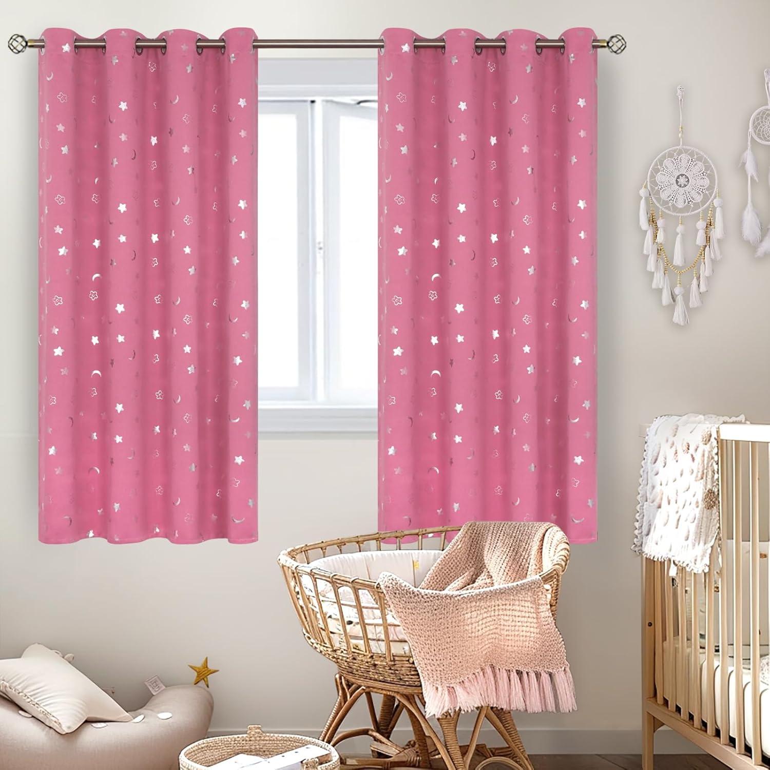 Cortinas Opacas BGment Rosa 55x63 cm Estrellas y Luna
