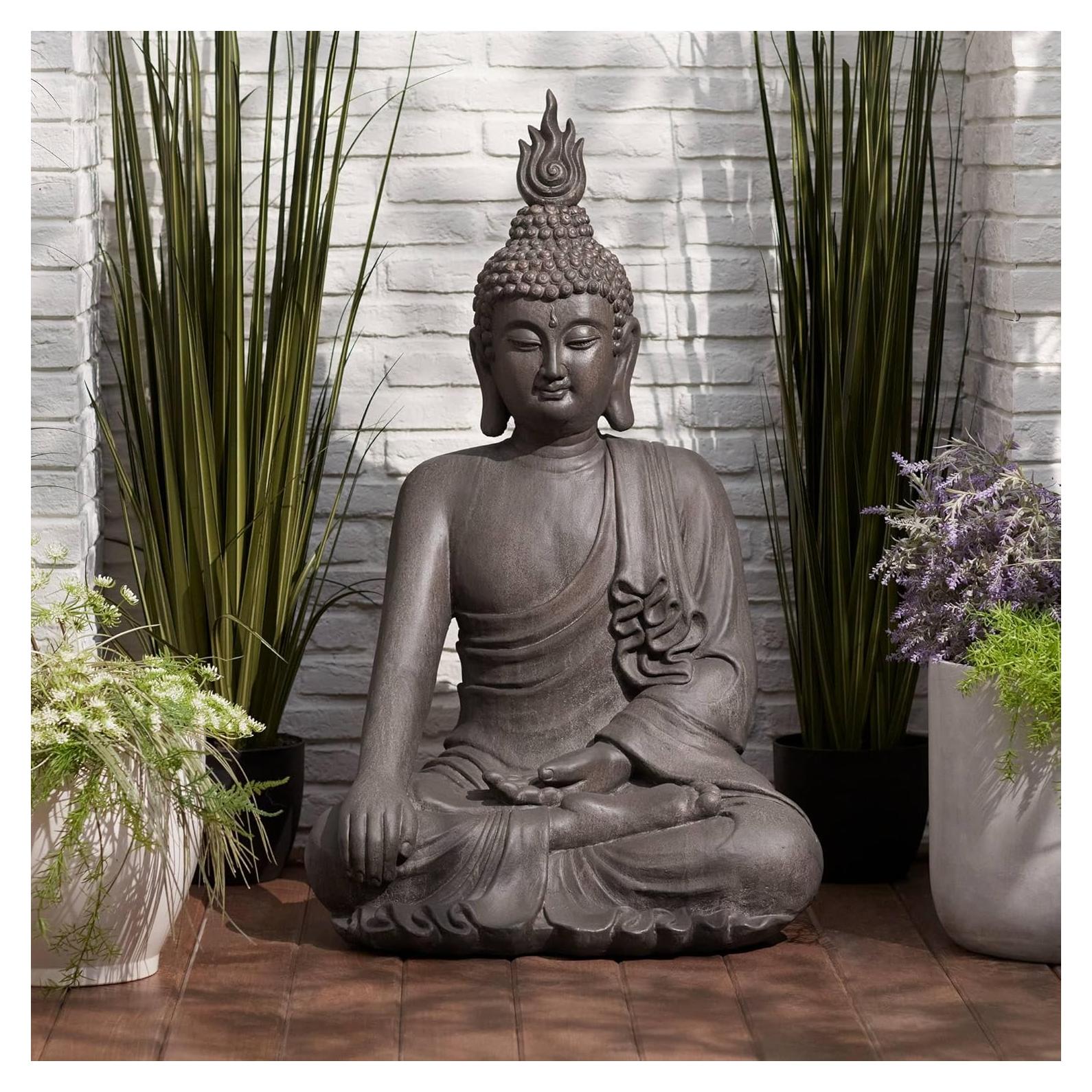 John Timberland Large Tall Sitting Buddha Statue Sculpture Zen Asian Japanese Garden Decor Indoor Outdoor Front Porch Patio Yard Outside Home Balcony House Lawn Stone Gray Finish Resin 42" High