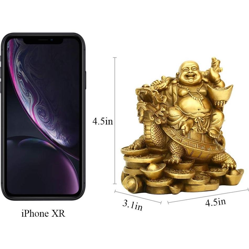 Estatua Buda Risueño en Latón 11.43 cm Tortuga Riqueza