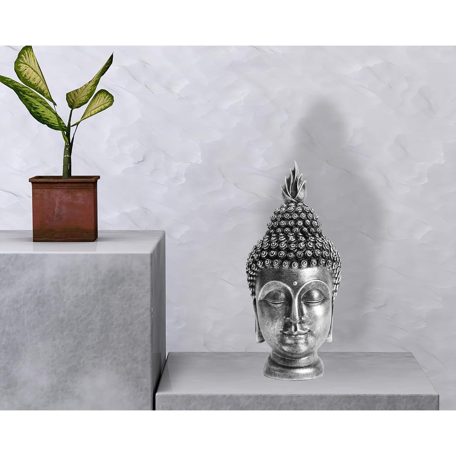 Estatua de Cabeza de Buda AMOIENSIS Plateada Antigua 28 cm